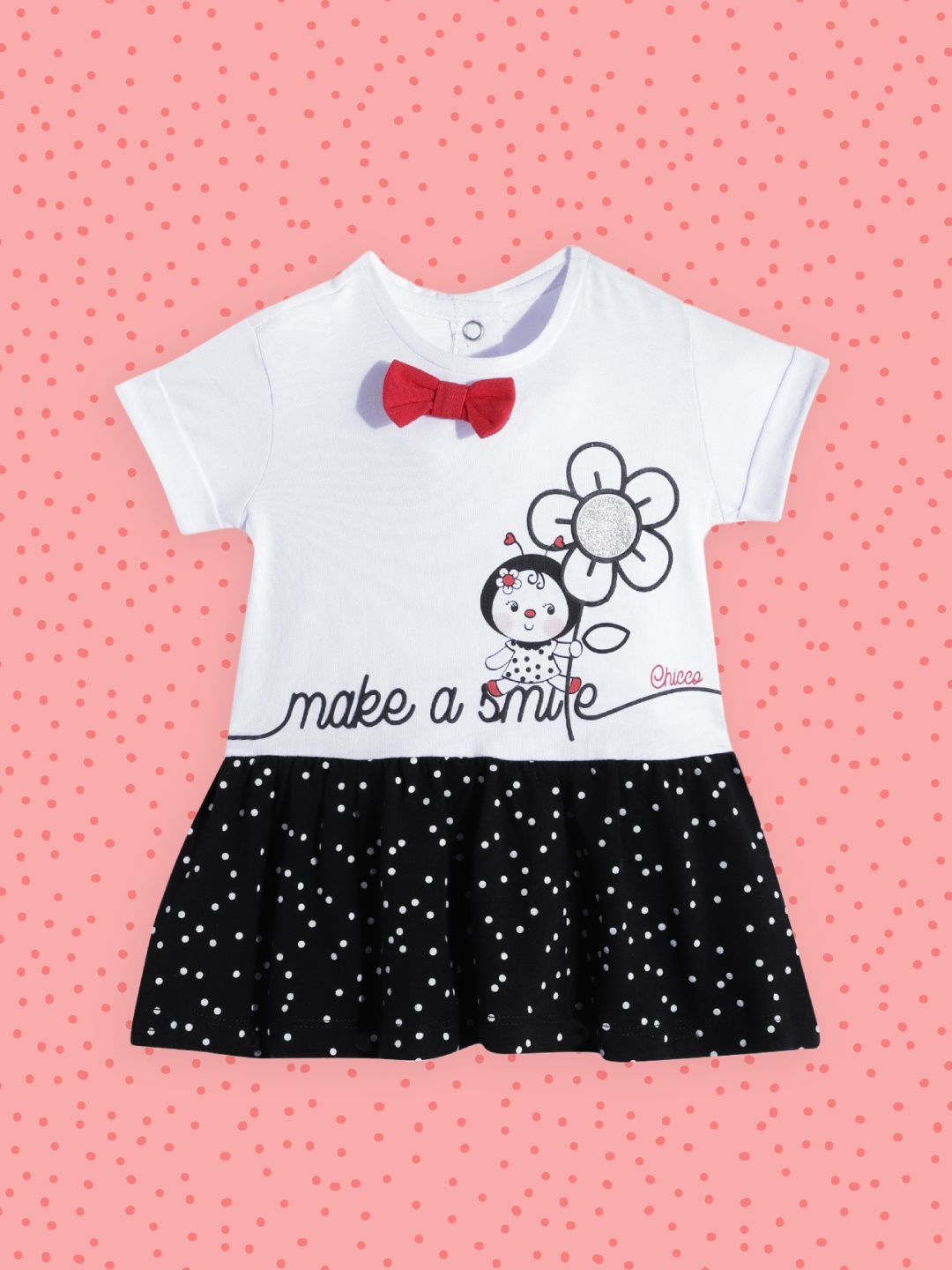 

Chicco Girls White & Black Graphic & Polka Dot Print Fit & Flare Dress with Bows