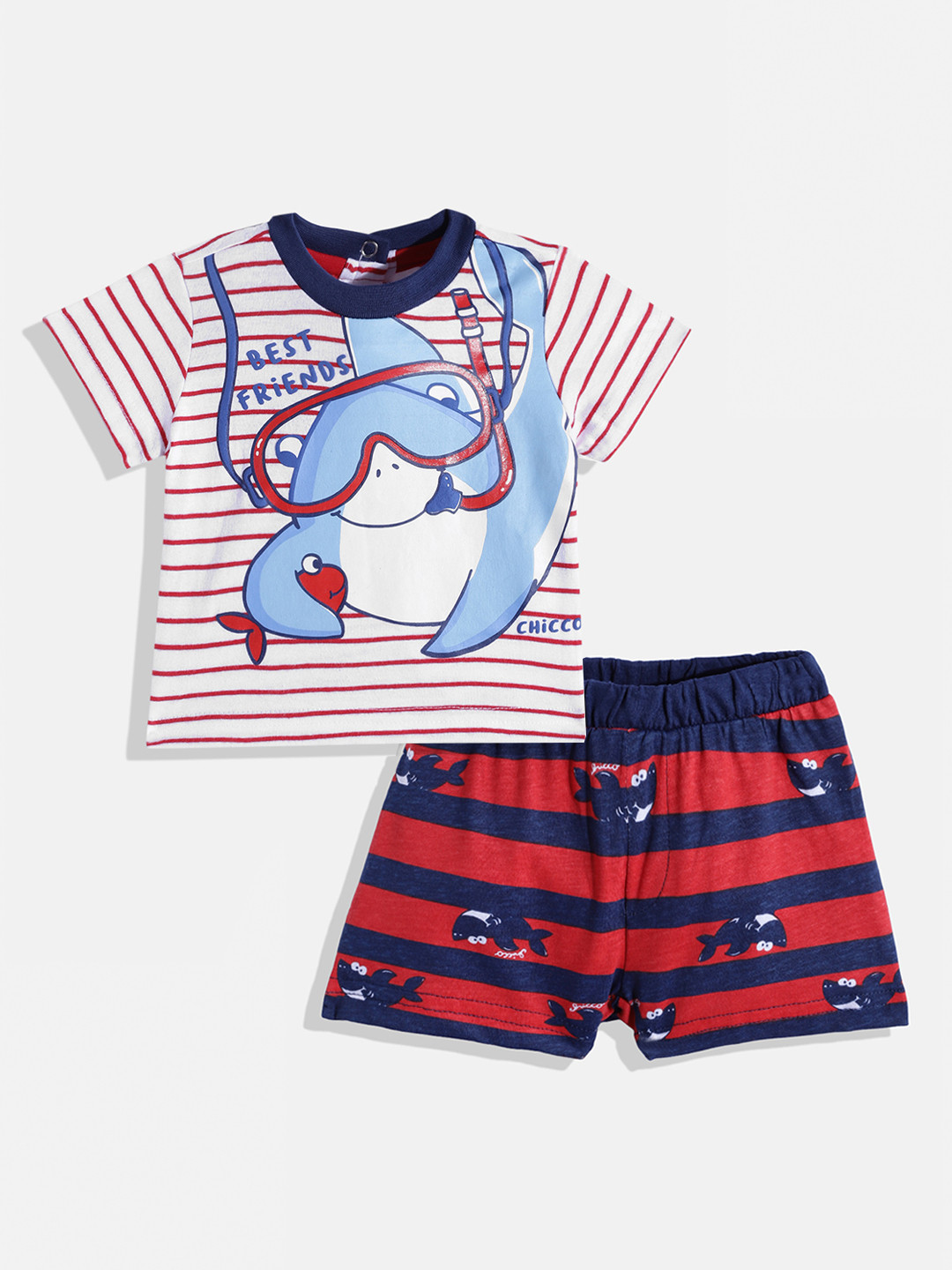 

Chicco Infant Boys White & Red Striped & Graphic Print Cotton Clothing Set
