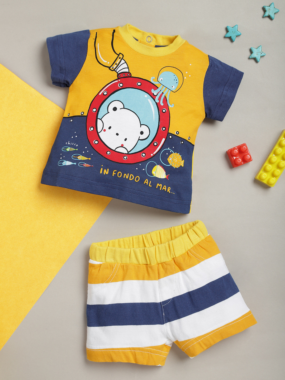 

Chicco Infant Boys Mustard Yellow and Navy Blue Pure Cotton Printed T-shirt & Shorts