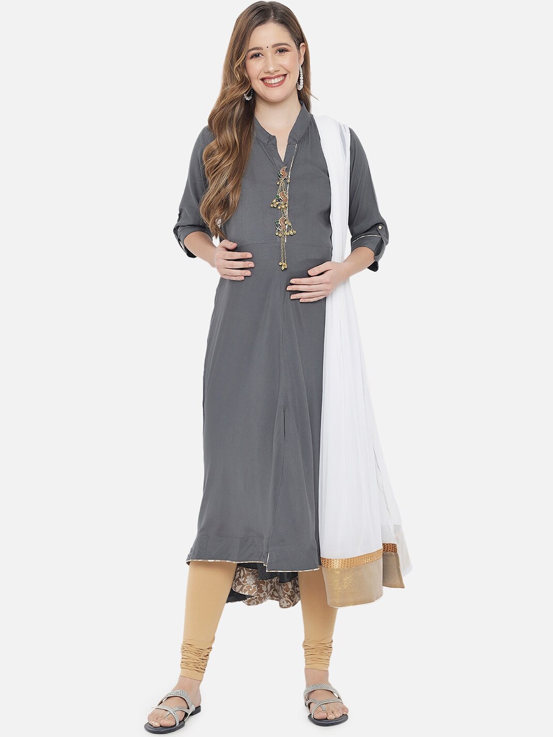 

Aujjessa Women Grey & White Solid Maternity Kurta with Dupatta