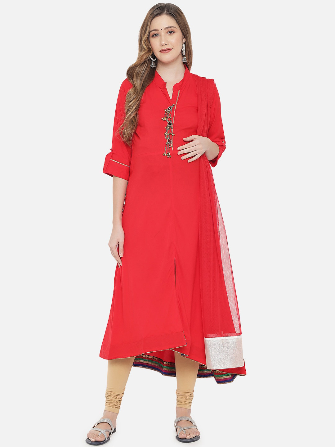 

Aujjessa Women Red Thread Work Maternity Anarkali Kurta