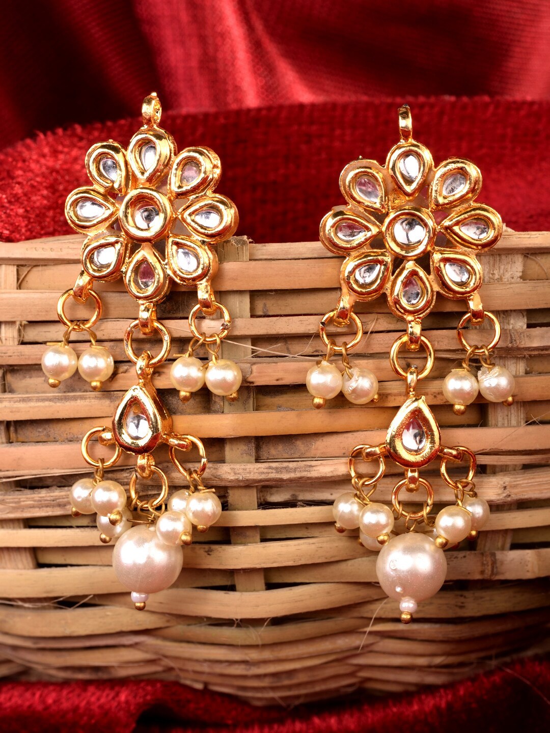 

Saraf RS Jewellery Gold-Toned Contemporary Kundan and Pearl Drop Earrings