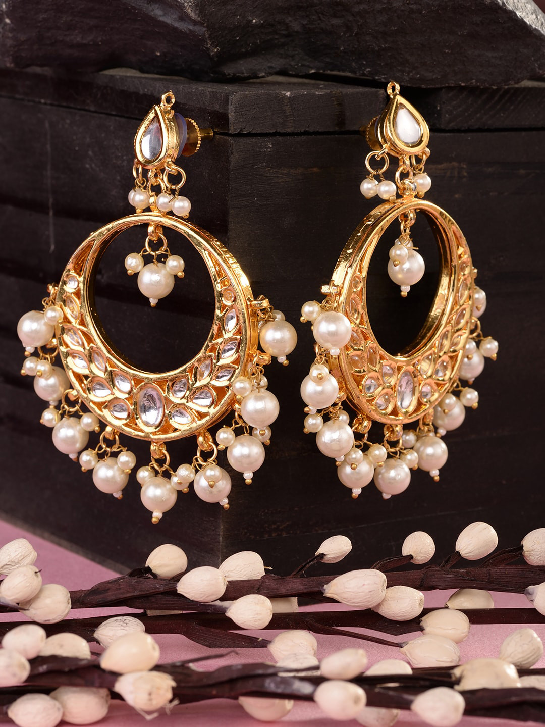 

Saraf RS Jewellery Gold Toned Kundan Studded & Pearl Beaded Chandbalis Earrings