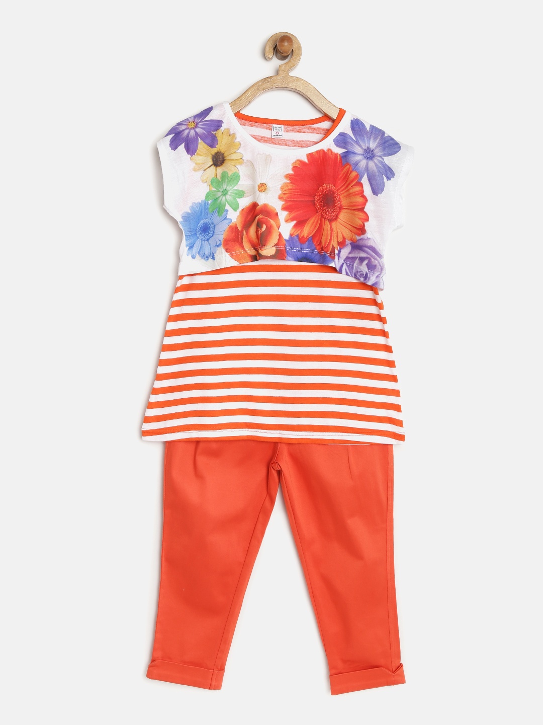 

Peppermint Girls Orange & White Printed Striped Co-Ord Set