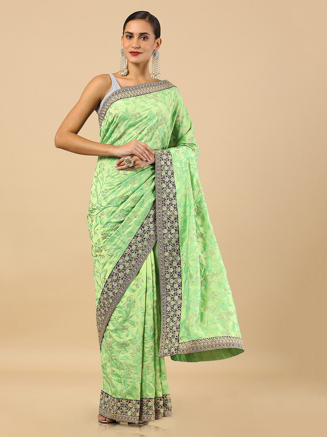 

Soch Women Light Green Floral Embroidered Tussar Saree