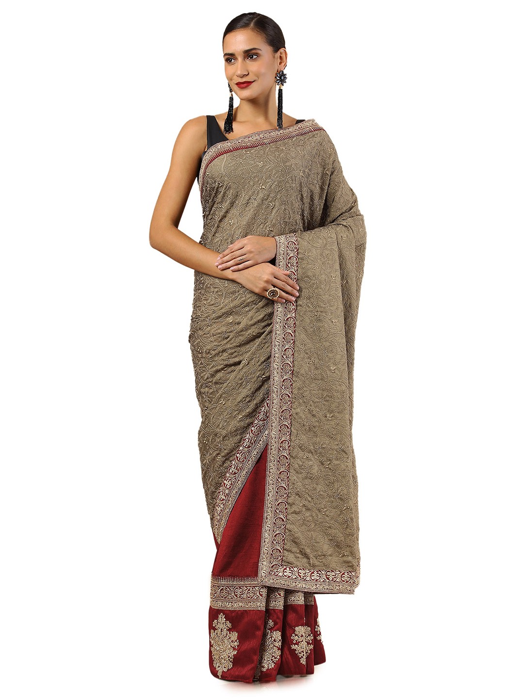 

Soch Grey & Navy Blue Ethnic Motifs Zari Silk Blend Half and Half Tussar Saree