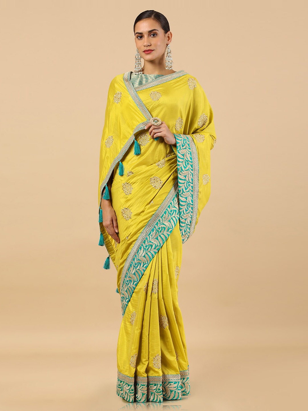 

Soch Yellow & Green Ethnic Motifs Embroidered Tussar Silk Saree
