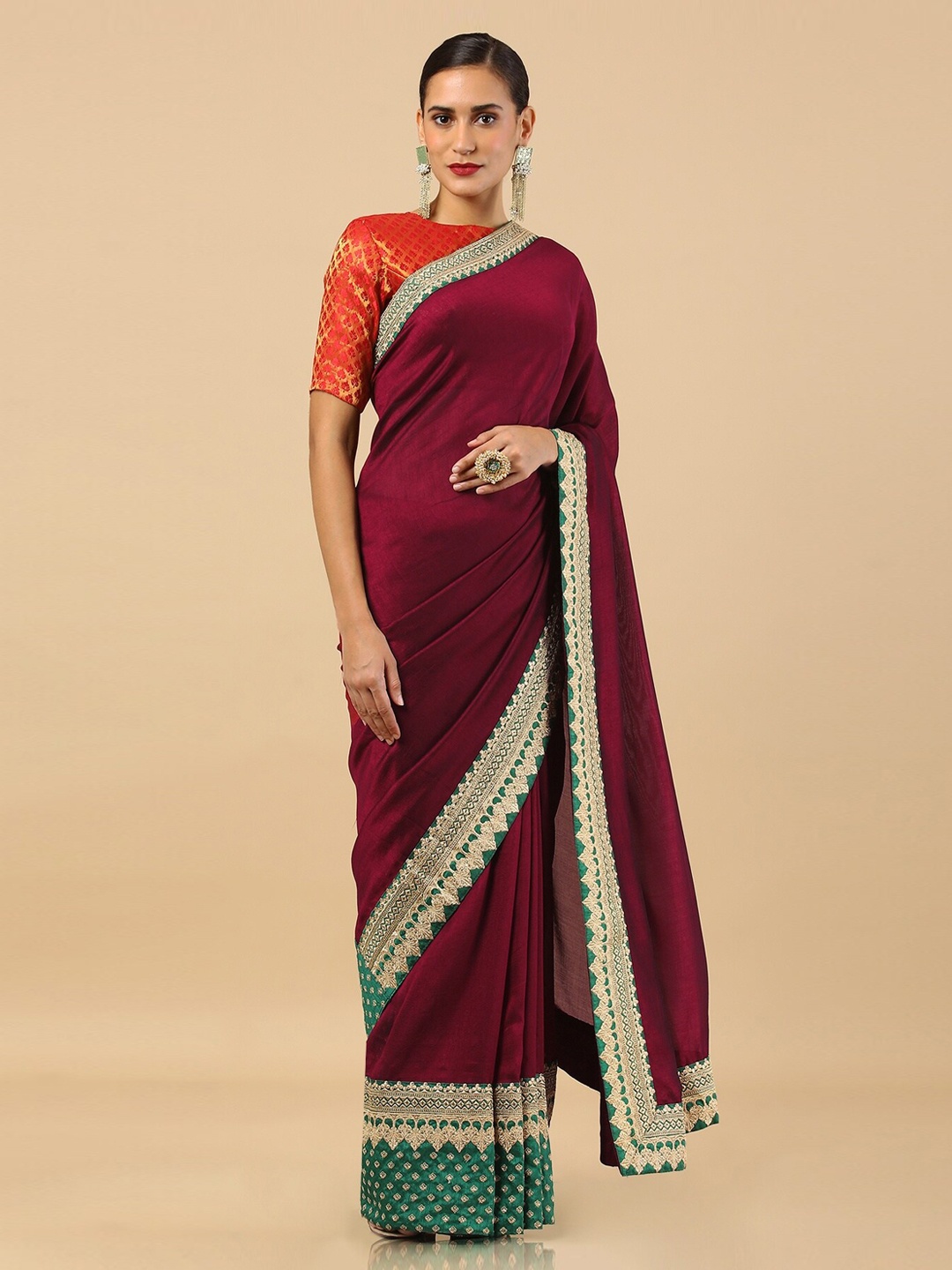 

Soch Maroon Tussar Embroidered Saree