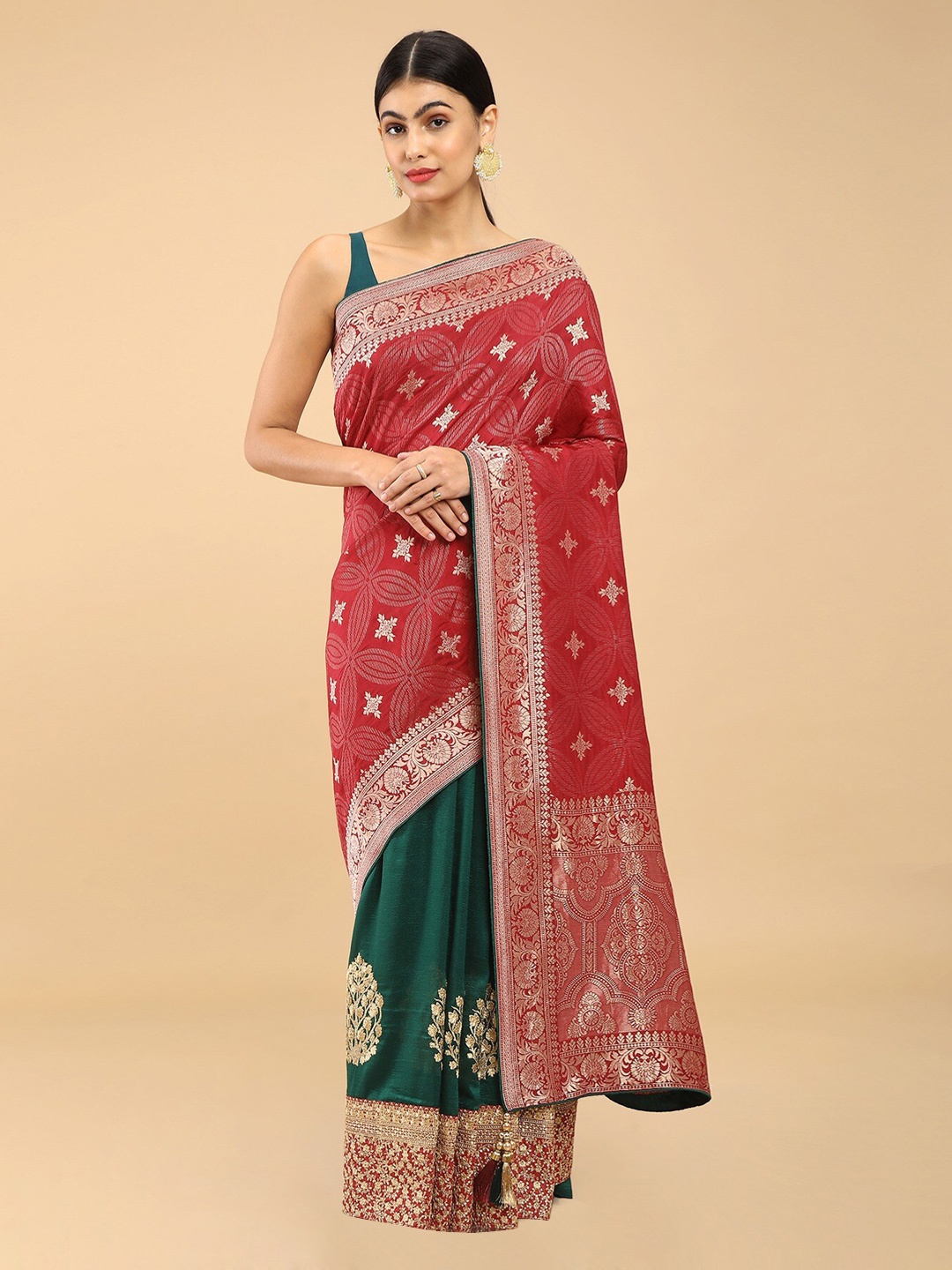 

Soch Maroon & Green Ethnic Motifs Zari Tussar Saree