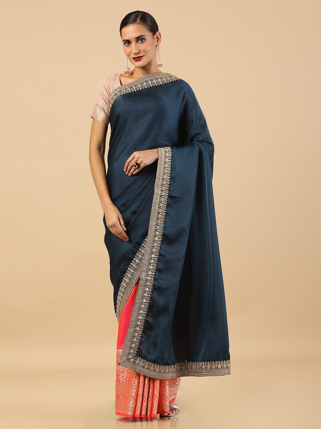 

Soch Blue & Pink Ethnic Motifs Zari Tussar Half and Half Saree