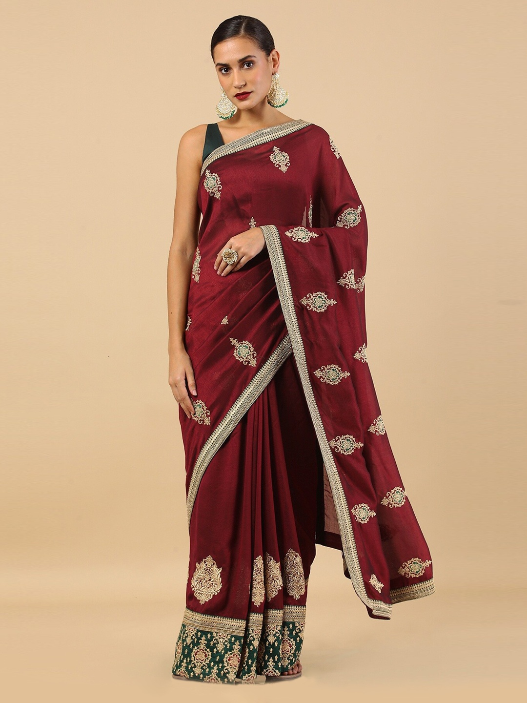 

Soch Maroon Ethnic Motifs Embroidered Tussar Saree