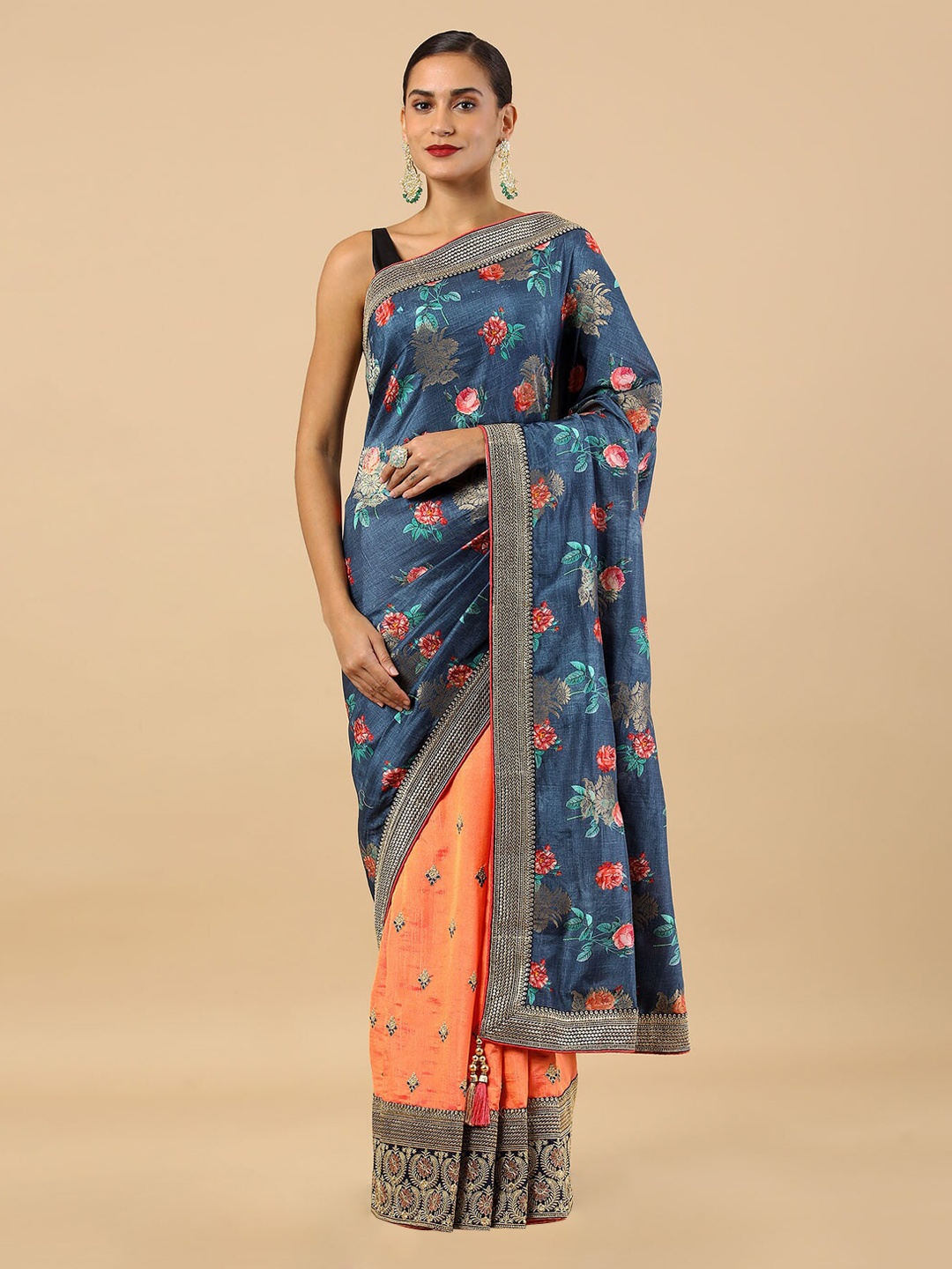 

Soch Navy Blue & Orange Floral Zari Half and Half Tussar Saree
