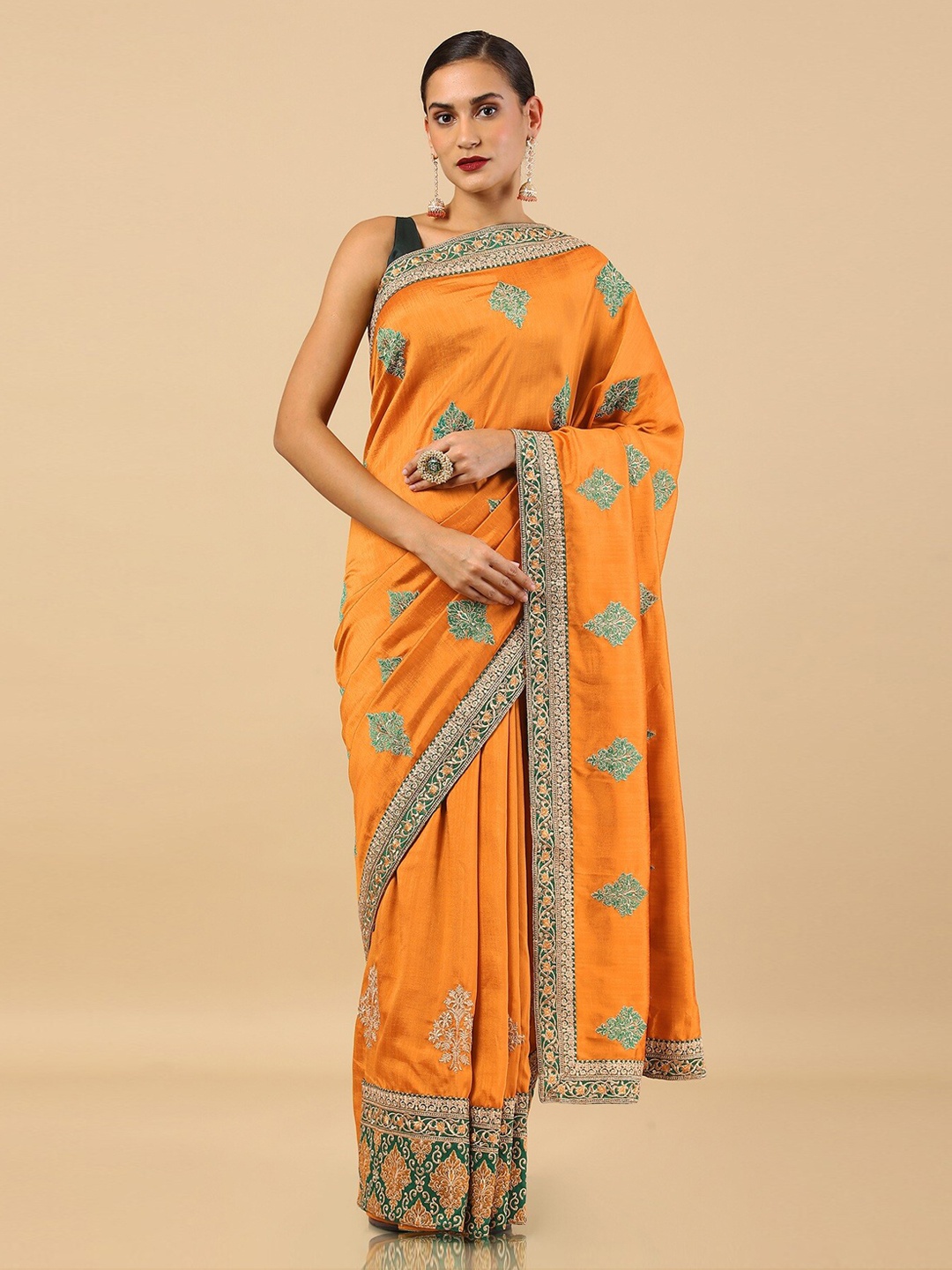 

Soch Orange Ethnic Motifs Embroidered Zari Silk Blend Tussar Saree