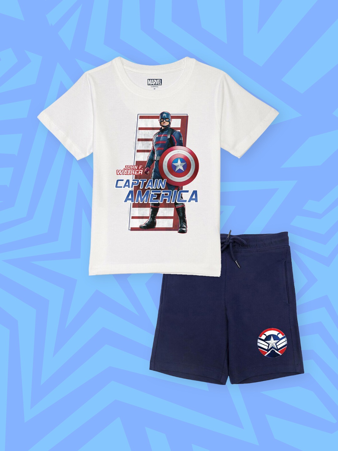 

YK Marvel Boys White & Navy Blue Captain America Printed Co-Ord Set