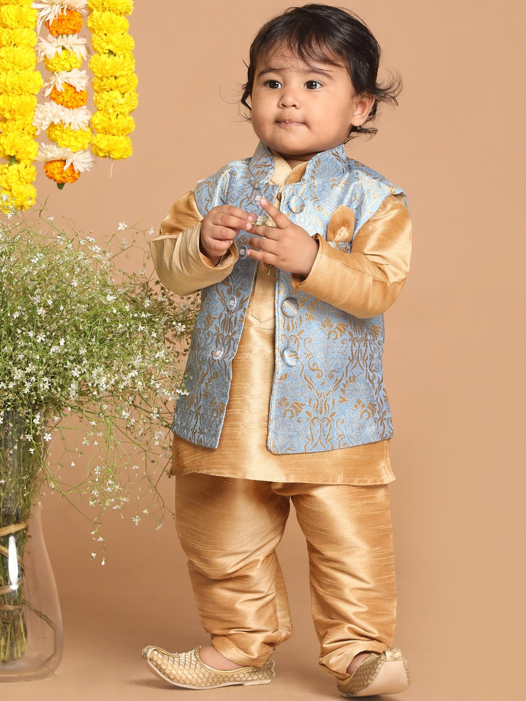 

VASTRAMAY Boys Rose Gold Kurta Set With Nehru Jacket