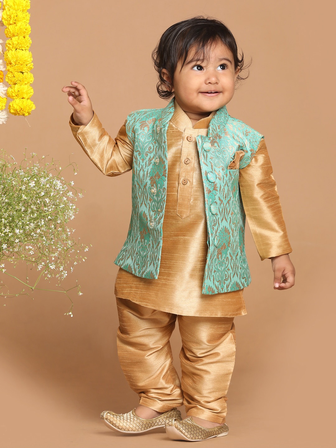 

VASTRAMAY Boys Rose Gold & Green Silk Blend Kurta & Pyjamas with Nehru Jacket