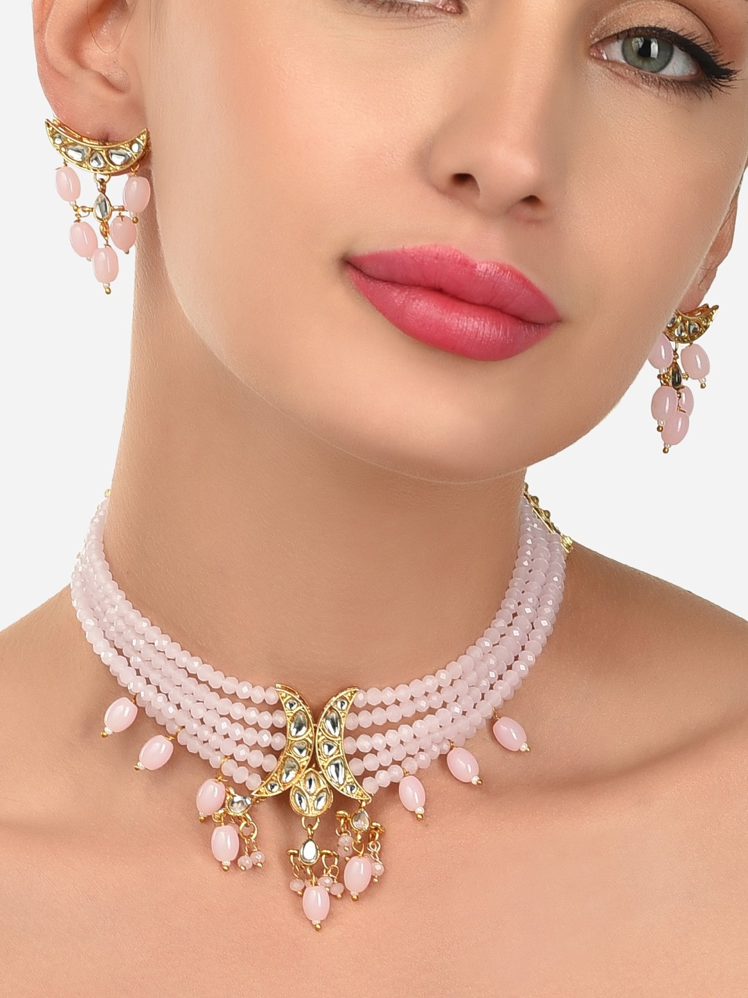 

Zaveri Pearls Pink & Gold Plated Kundan Choker Jewellery Set