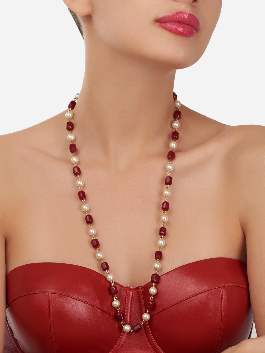 Zaveri Pearls Gold-Toned & Maroon Gold-Plated Beads Embellished Long Necklace