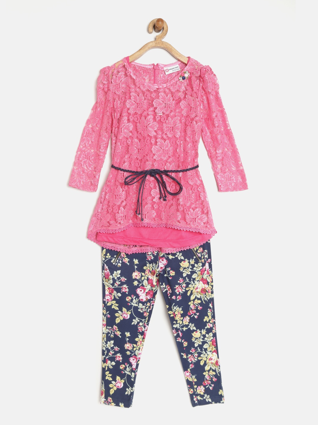 

Peppermint Girls Pink & Navy Lace Floral Print Co-ords set