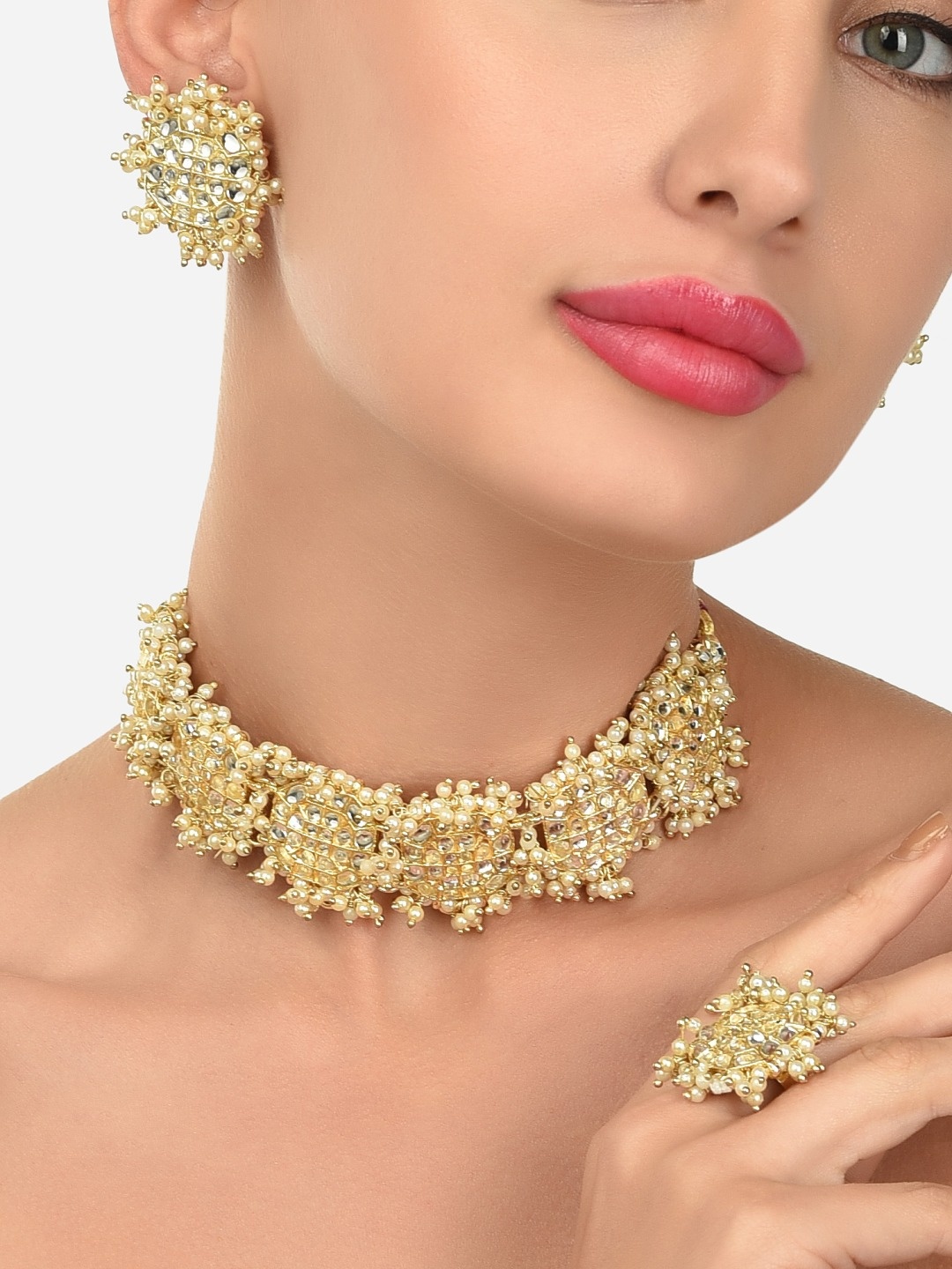 

Zaveri Pearls Gold Tone Cluster Pearl Bordered Kundan Choker Necklace Earring & Ring Set