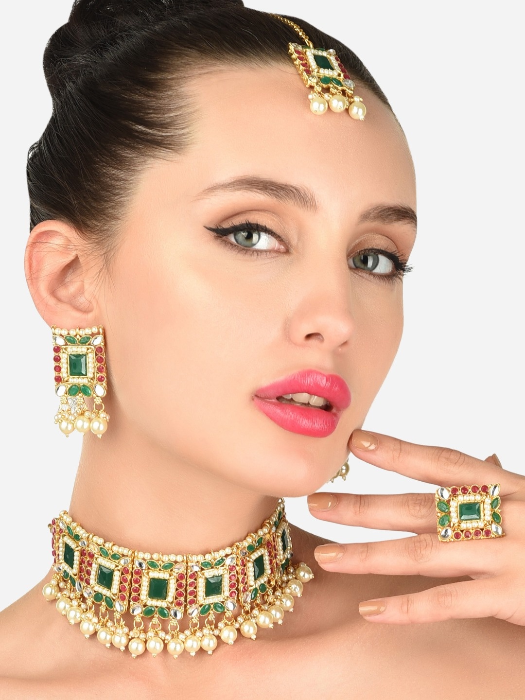 

Zaveri Pearls Green & Pink Stones Ethnic Choker Jewellery Set