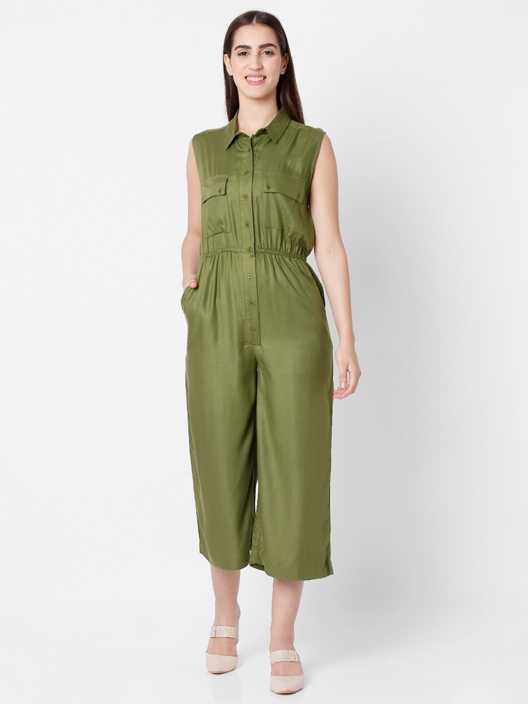 

SPYKAR Olive Green Shirt Collar Basic Jumpsuit