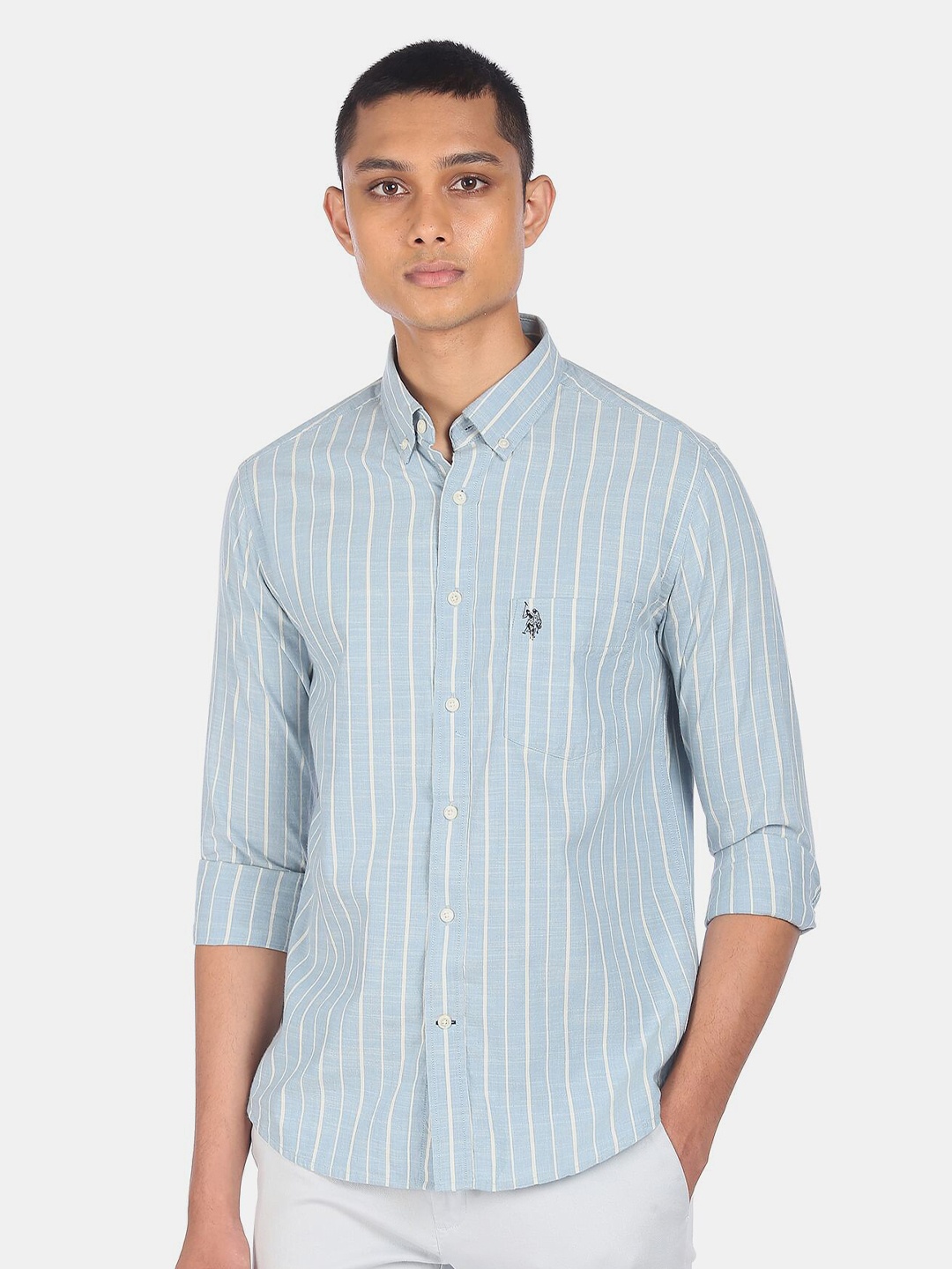 

U S Polo Assn Men Blue Striped Casual Shirt