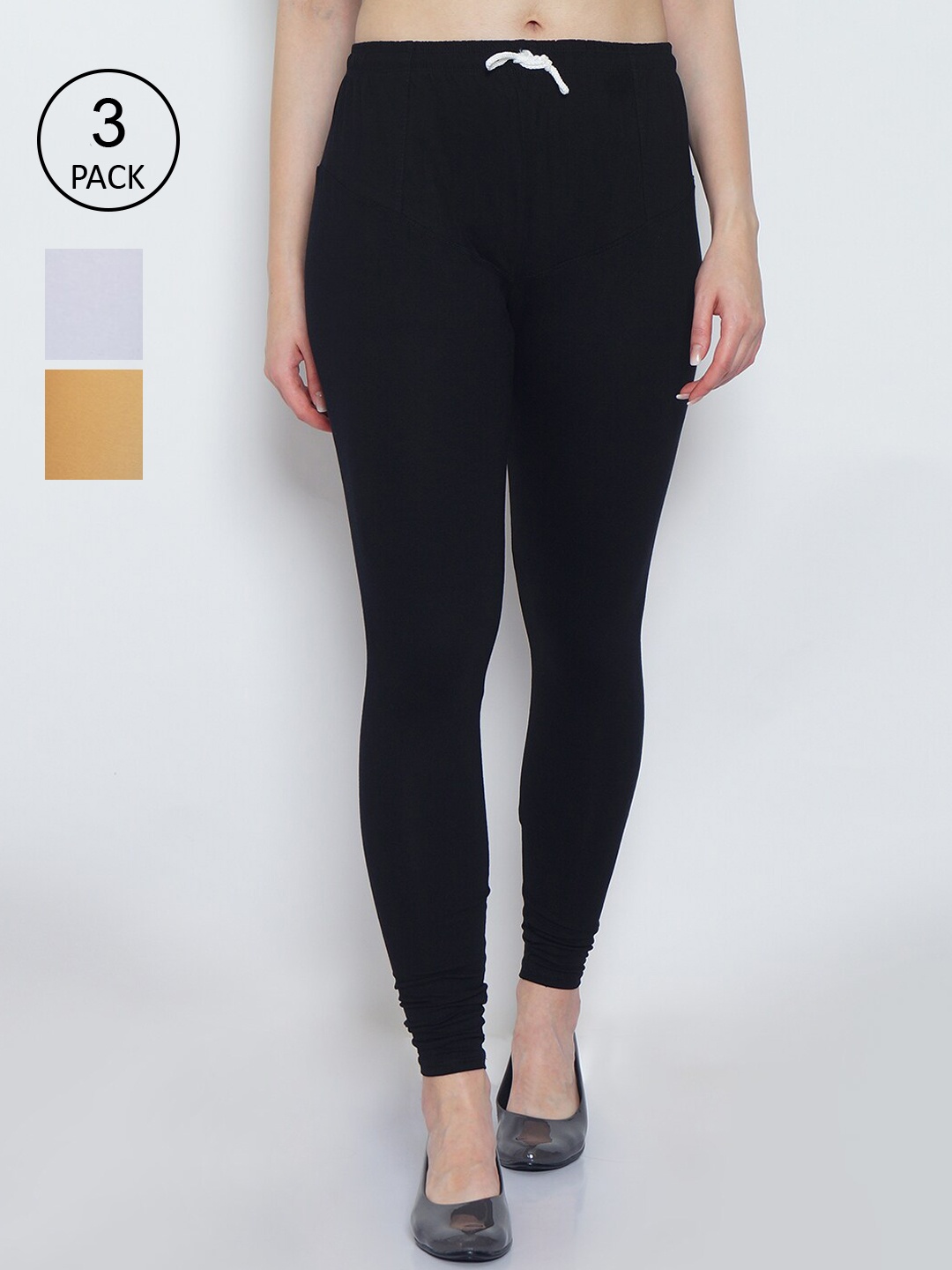 

GRACIT Women Pack Of 3 Black & White Solid Churidar-Length Leggings