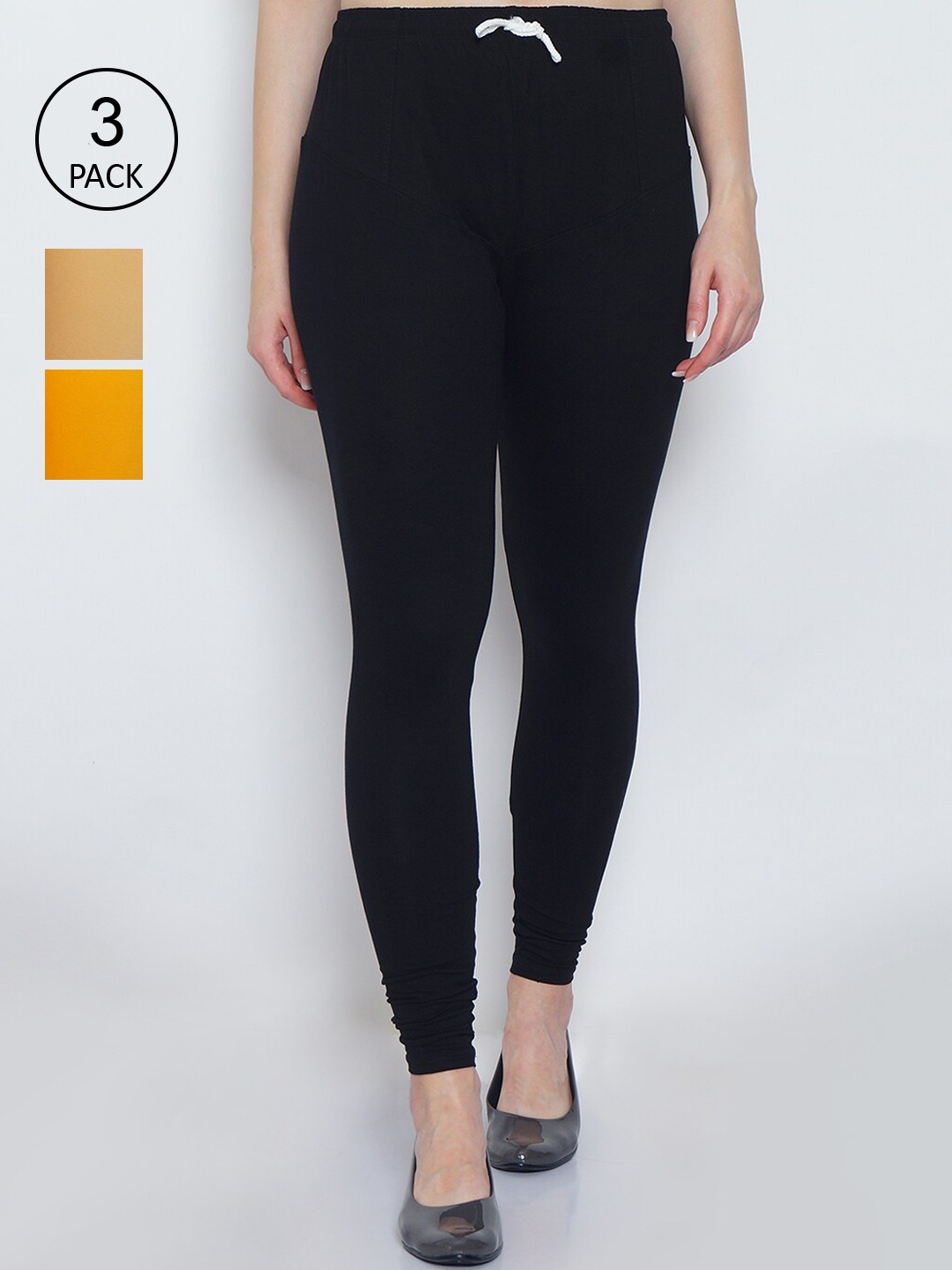 

GRACIT Women Pack Of 3 Solid Cotton Churidar Length Leggings, Black