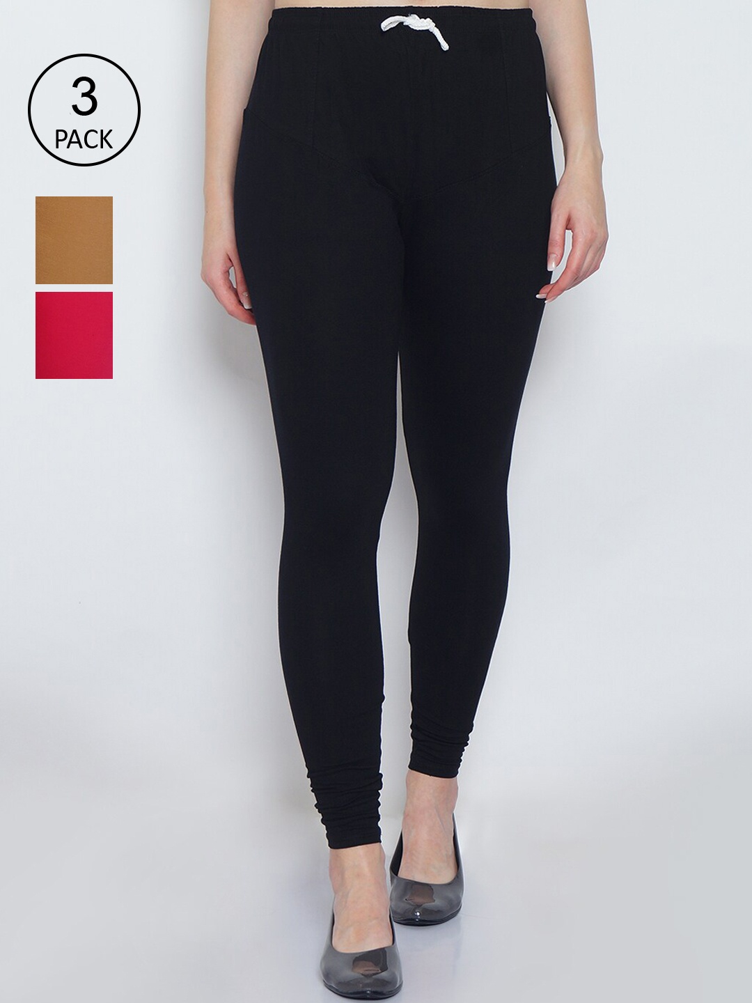 

GRACIT Women Pack Of 3 Solid Churidar-Length Leggings, Black