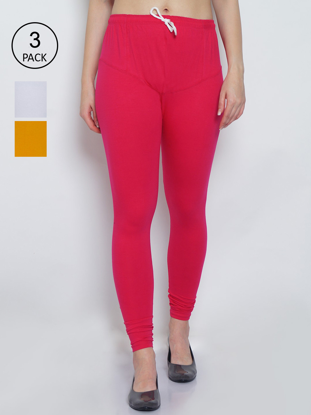 

GRACIT Women Pack Of 3 Pink Solid Cotton Churidar-Length Leggings