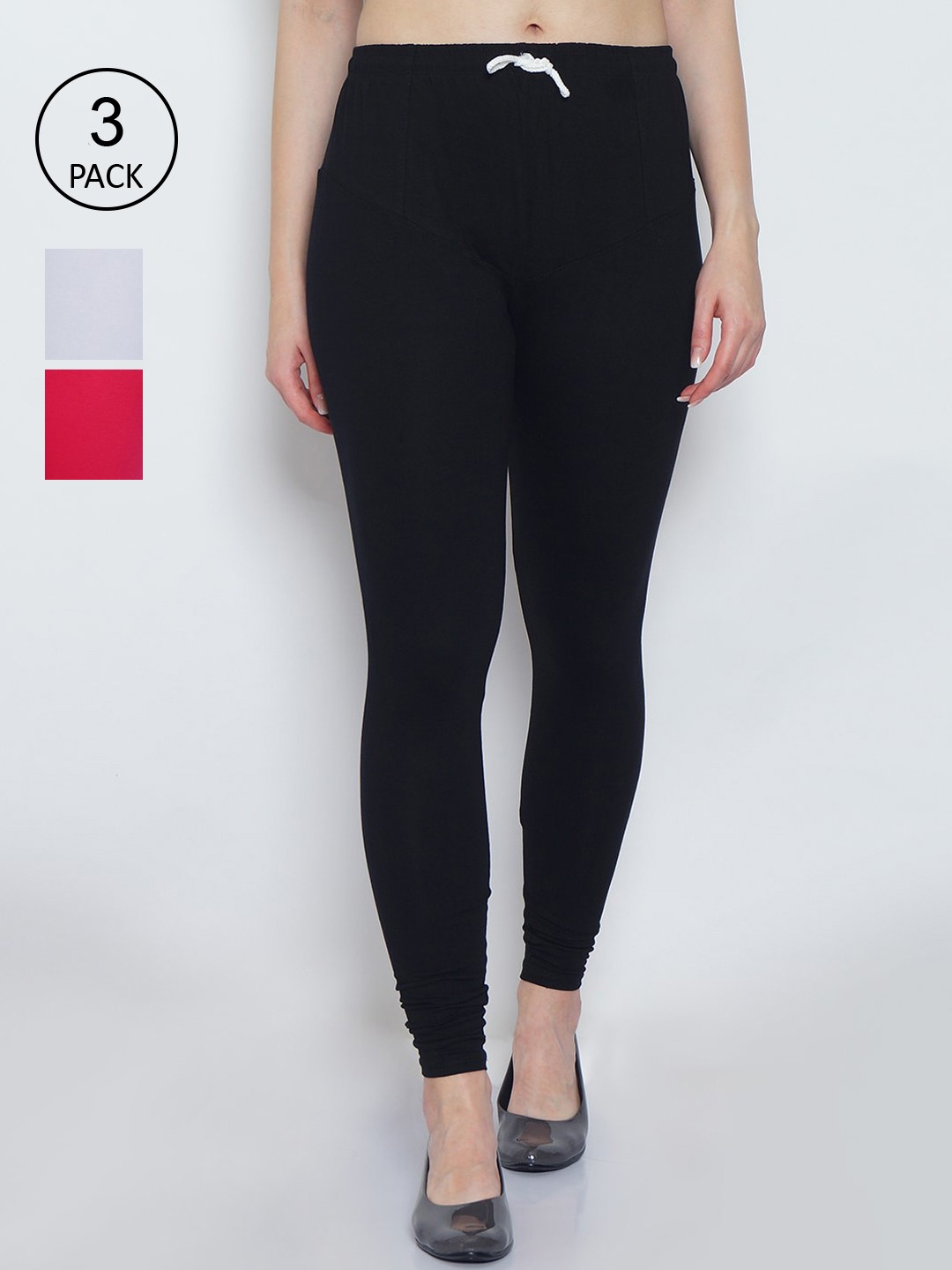 

GRACIT Women Pack Of 3 Solid Churidar-Length Leggings, Black