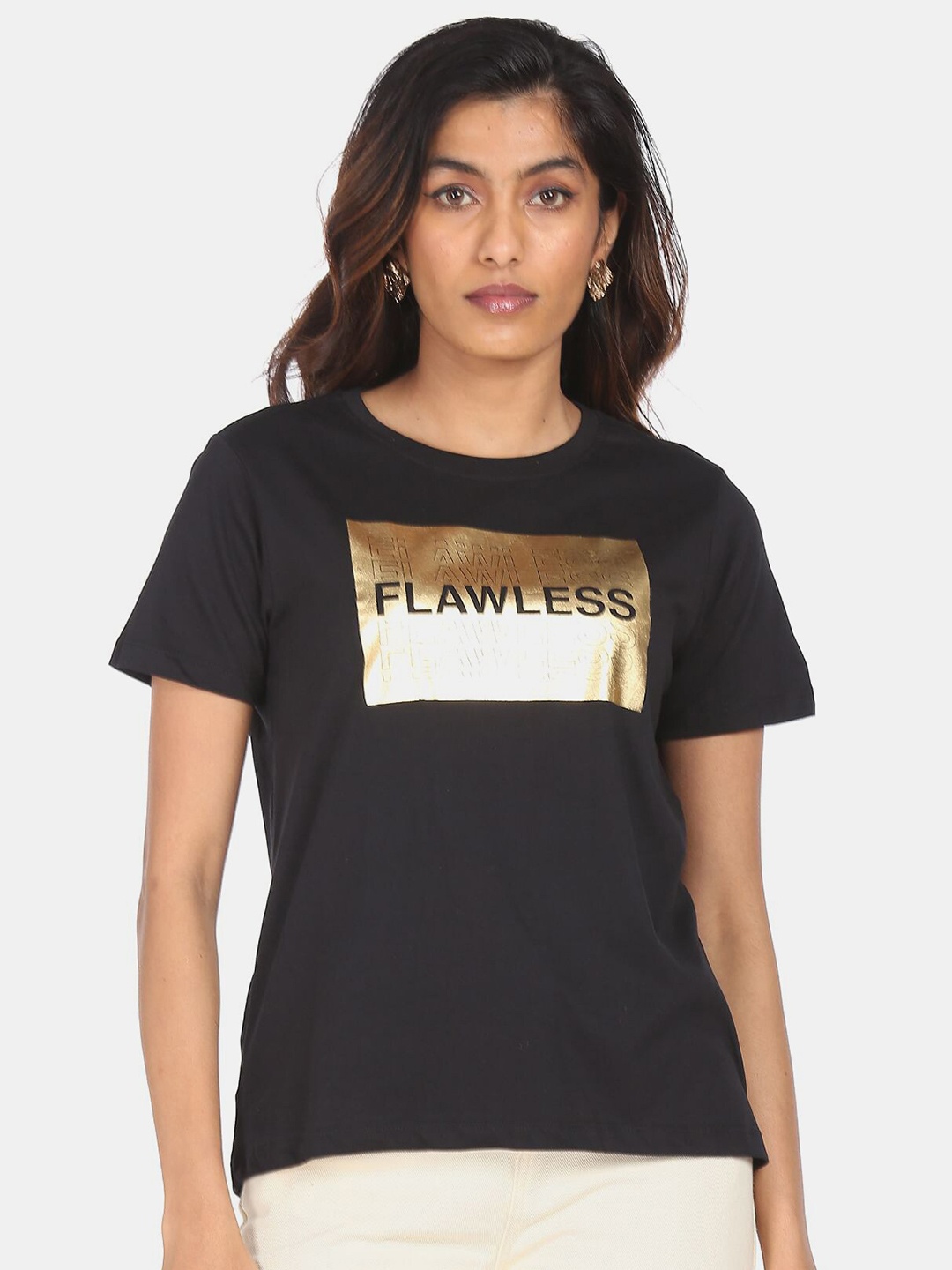 

Flying Machine Women Black Typography Printed T-shirt