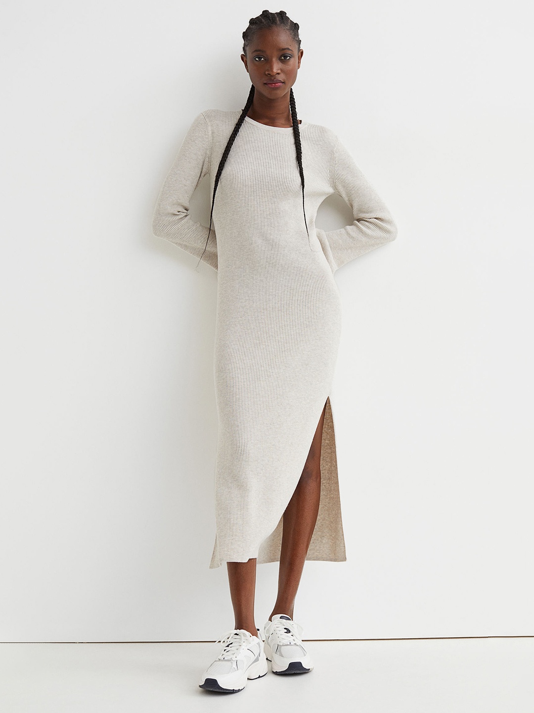 

H&M Women Beige Solid Rib-knit Dress