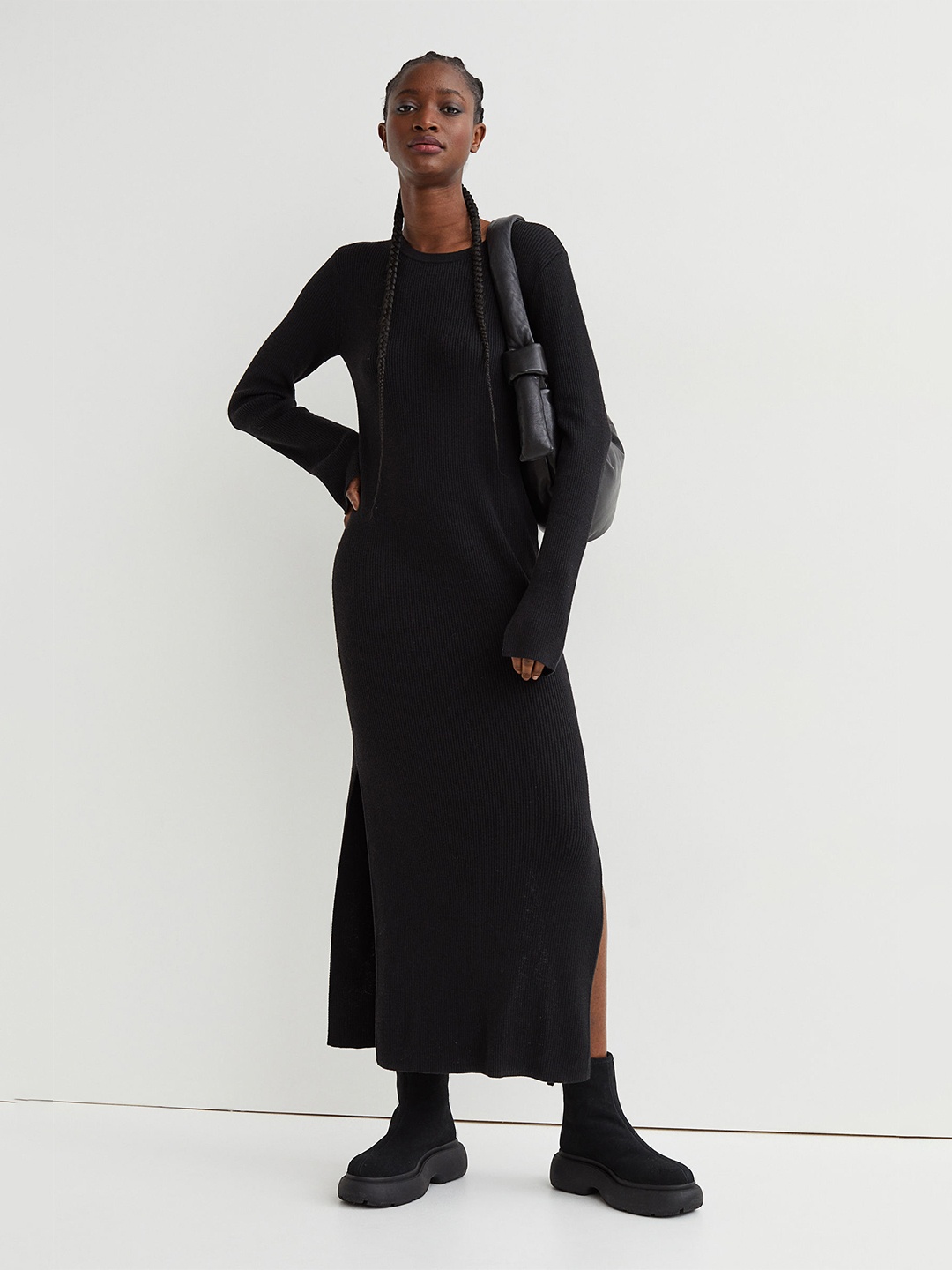 

H&M Black Rib-Knit Fitted Dress