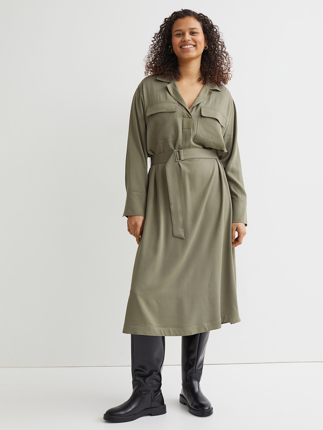 

H&M Women Green Belted Shirt Dress