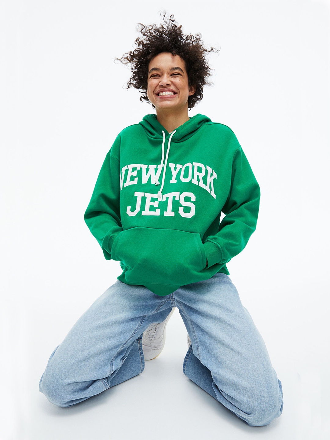 

H&M Women Green & White Motif-Front Hoodie