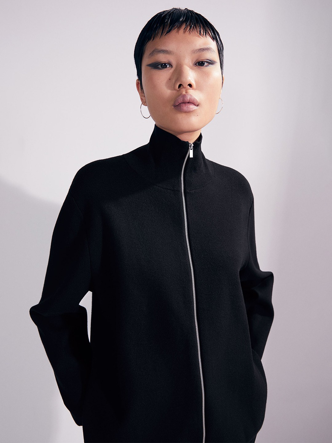 

H&M Women Black Solid High-Neck Cardigan