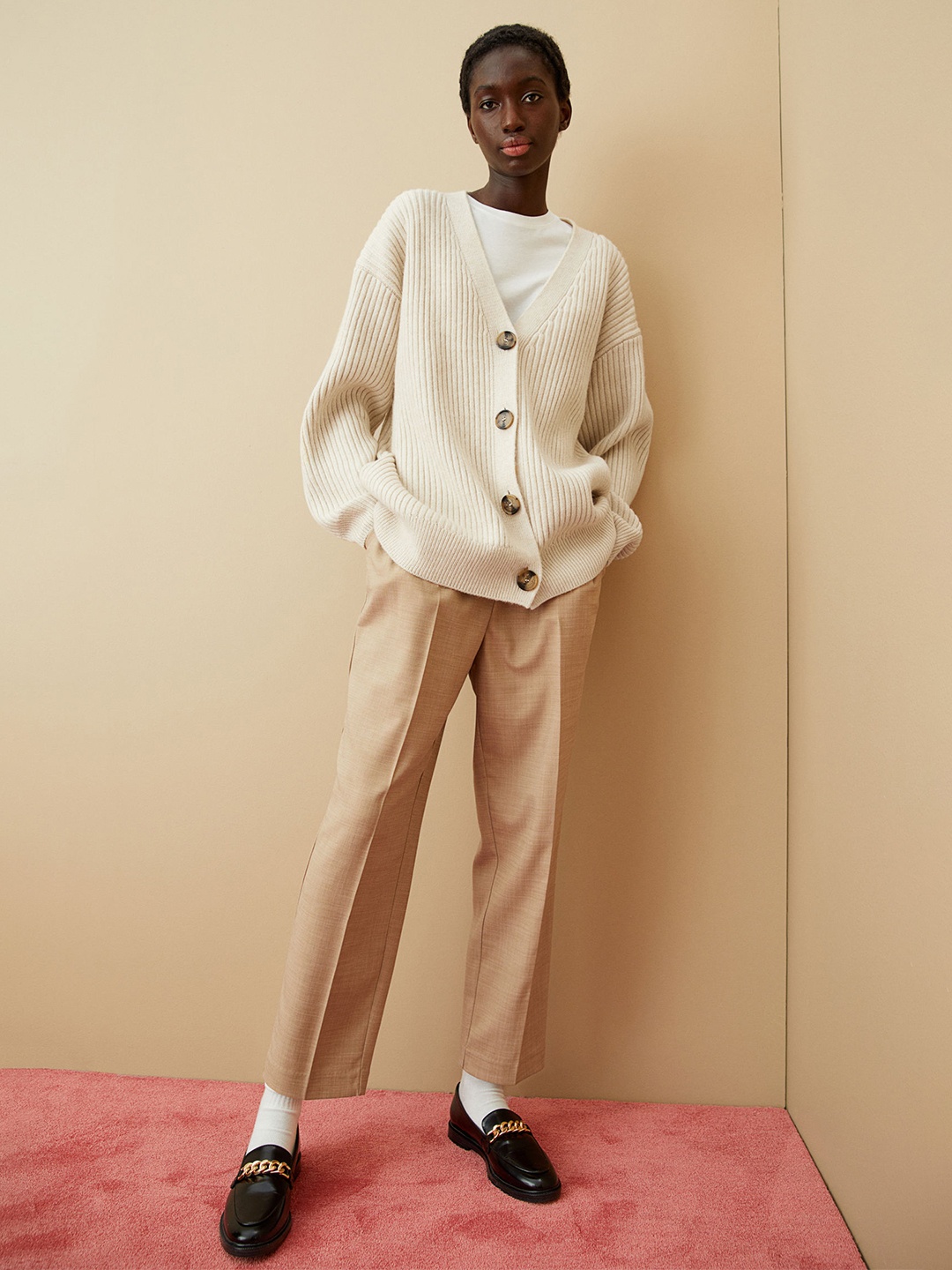 

H&M Women Beige Acrylic Rib-Knit Cardigan