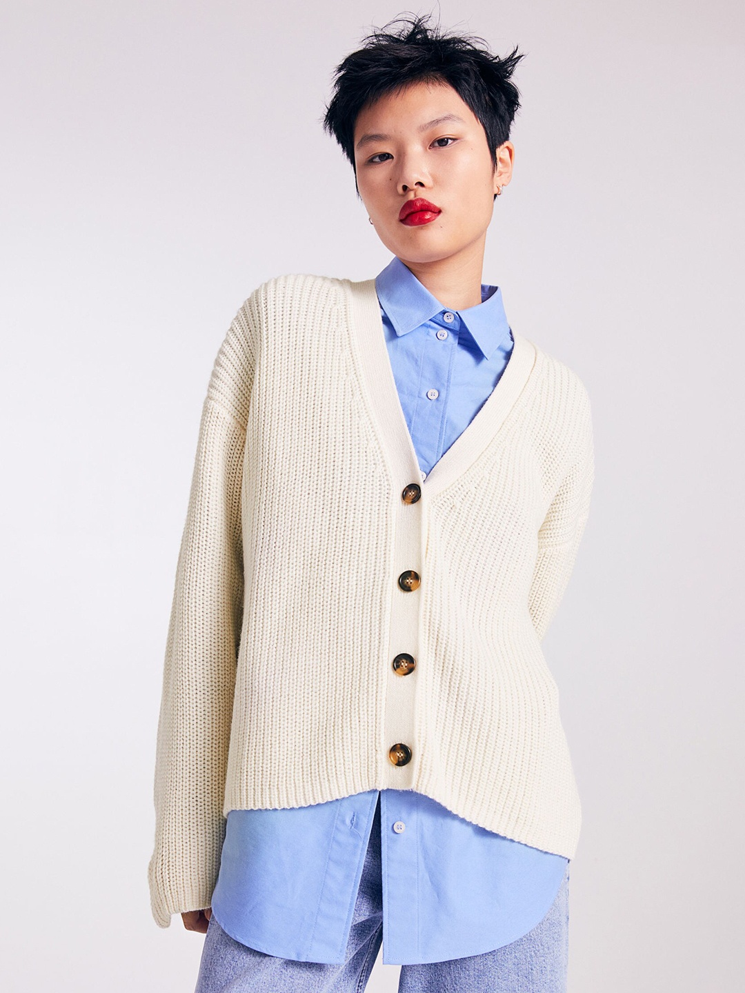 

H&M Women White Rib-knit Cardigan