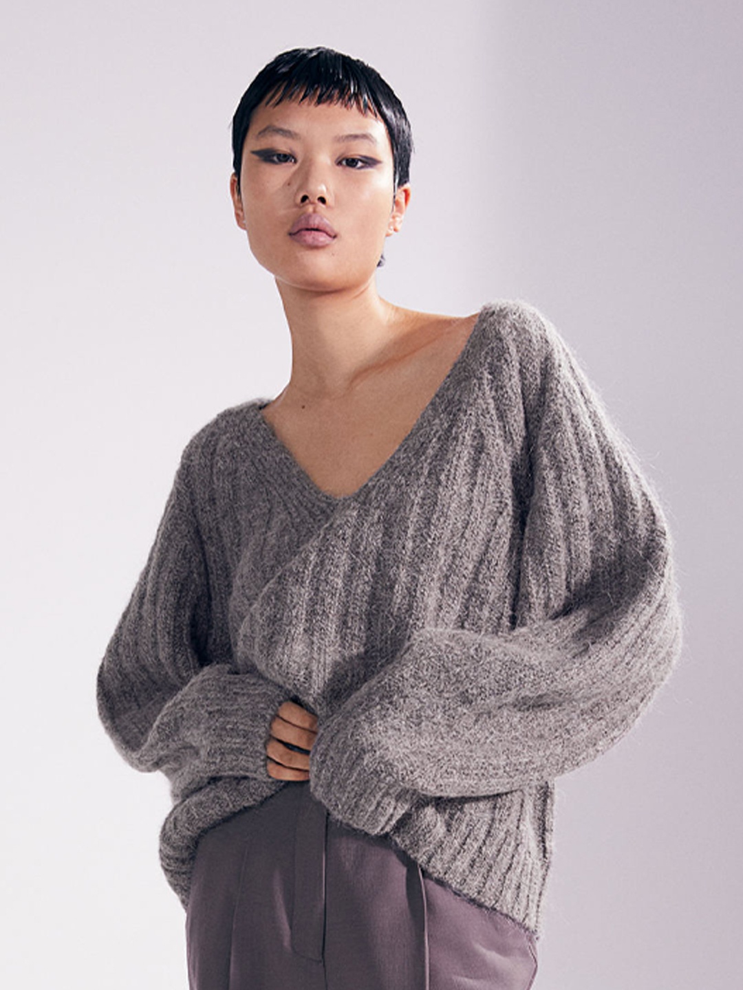 

H&M Women Grey Ribbed Wool Jumper