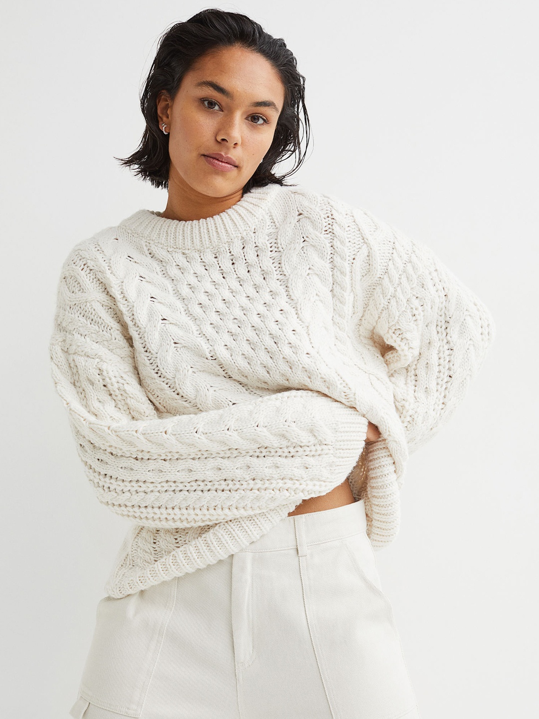 

H&M Women White Solid Cable-Knit Jumper