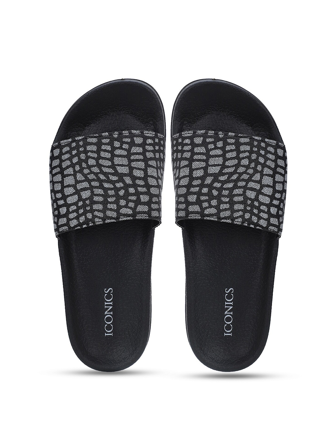 

ICONICS Women Black & Grey Printed Sliders