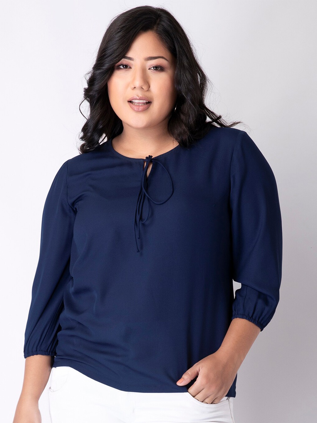 

FabAlley Curve Women Plus Size Blue Tie-Up Neck Georgette Top