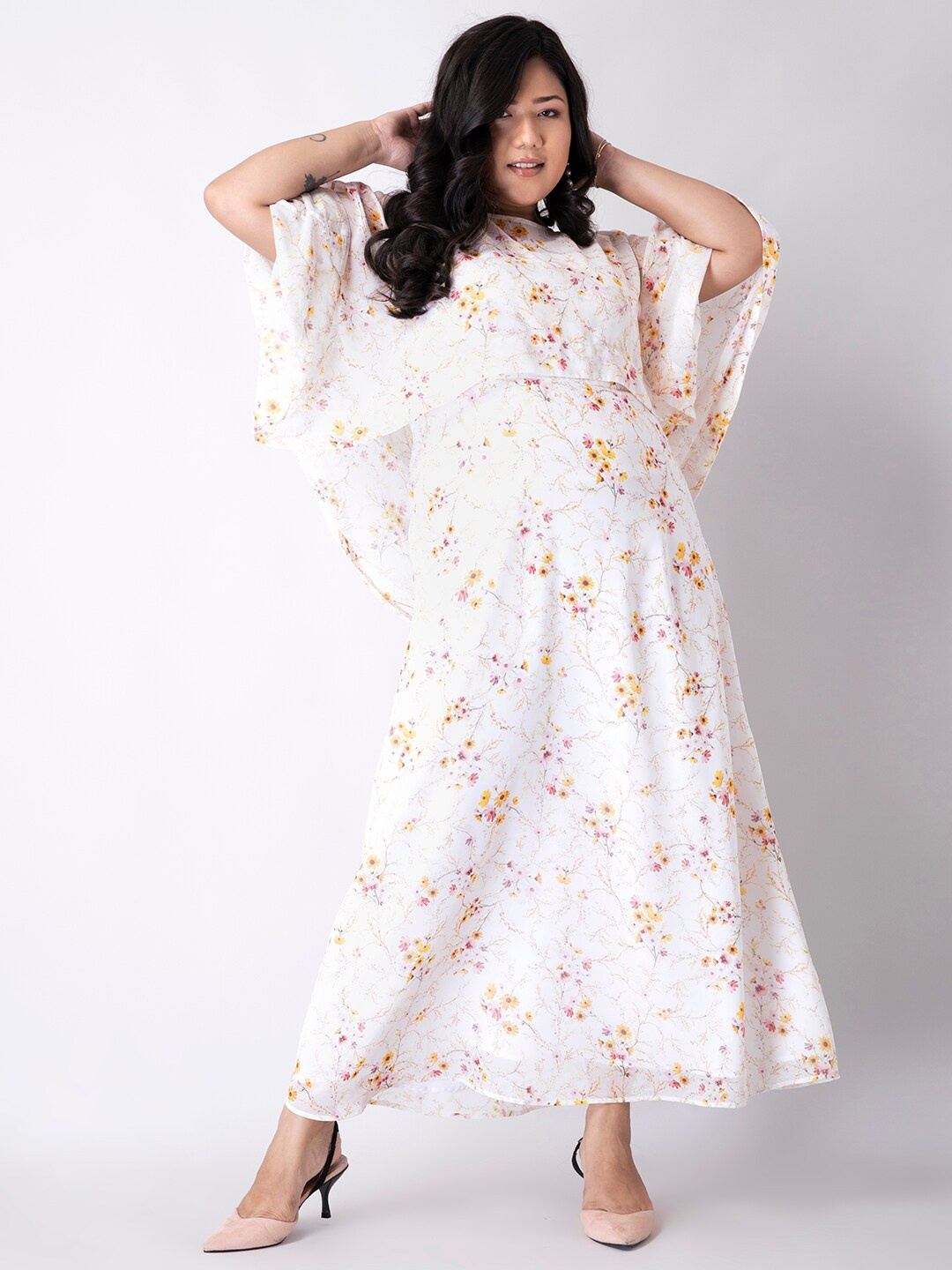 

FabAlley Curve Plus Size White Floral Georgette Maxi Dress