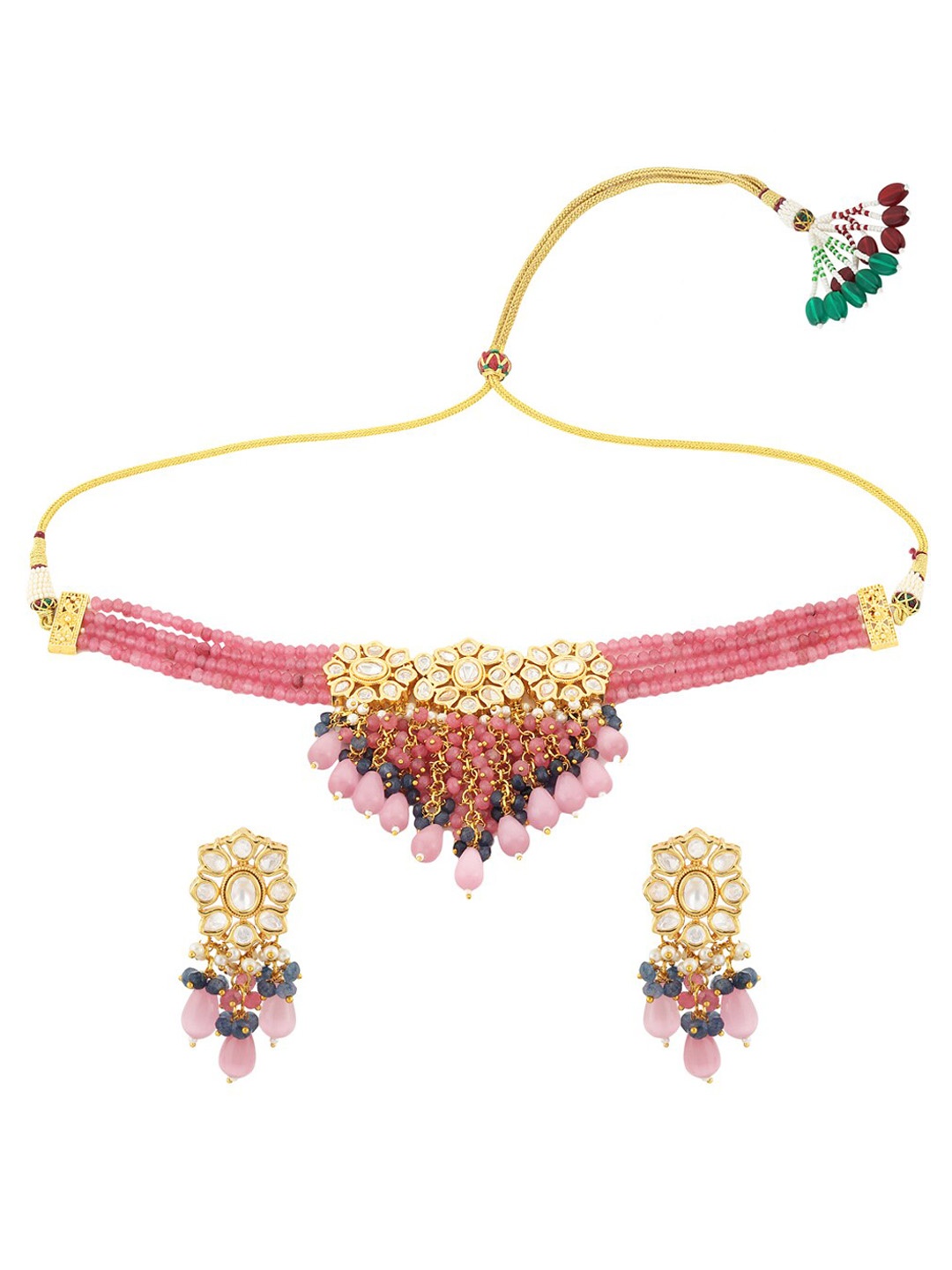 

Runjhun Gold-Plated Pink Kundan Studded Polki Choker Jewellery Set