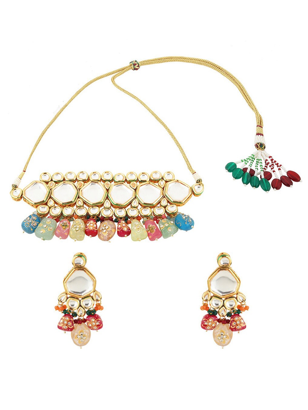 

Runjhun Gold-Plated & White Kundan Multistrand Choker Jewellery Set