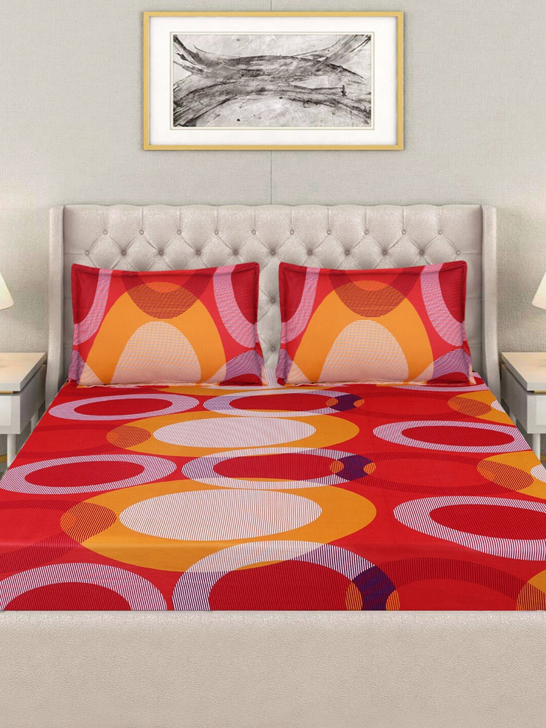 

Good Homes by Home Candy Red & Mustard Geometric 160 TC Queen Bedsheet with 2 Pillow Covers