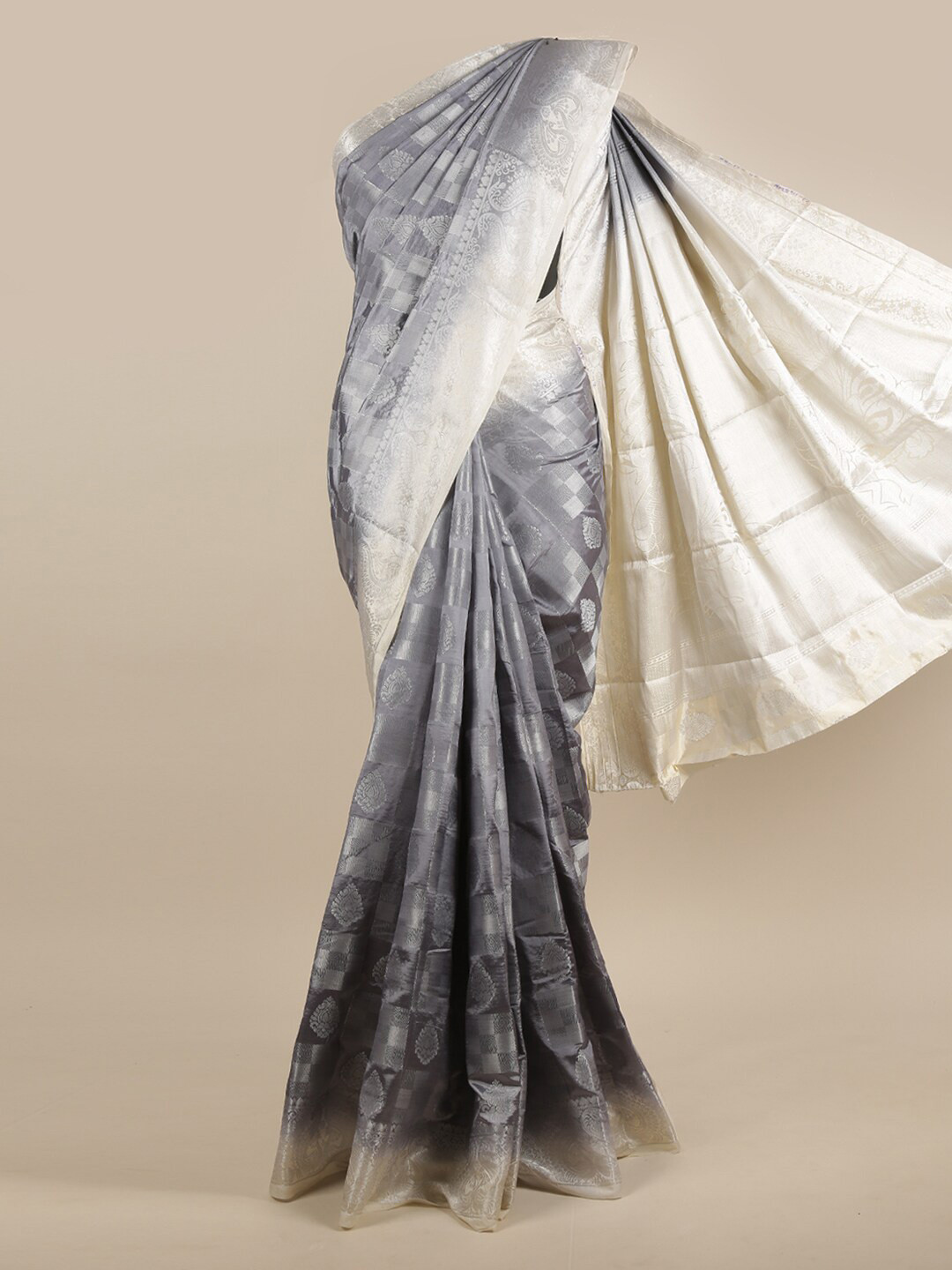 

Pothys Grey & Silver-Toned Ethnic Motifs Zari Jute Silk Saree