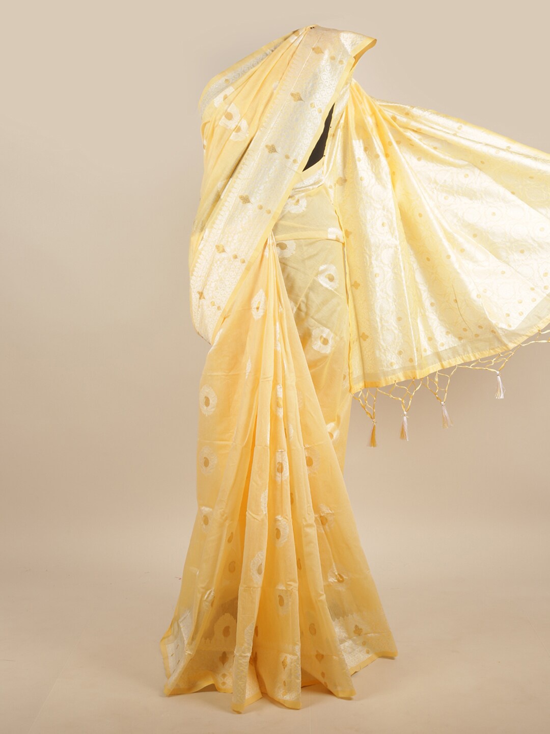 

Pothys Yellow & Silver-Toned Floral Jute Silk Saree